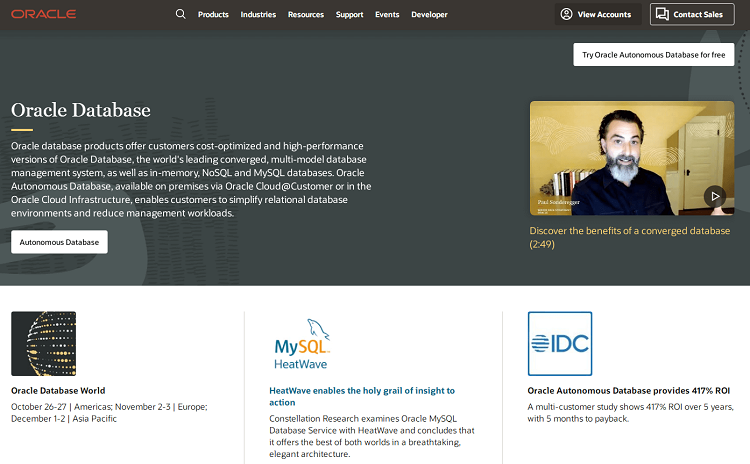This is a screenshot of the homepage of Oracle database software.
