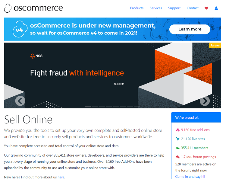 This is a screenshot of the homepage of OsCommerce platform.