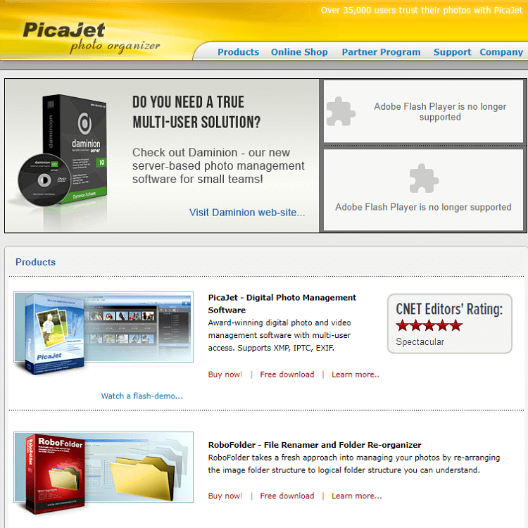 This is the homepage of PicaJet FX photo management software program.