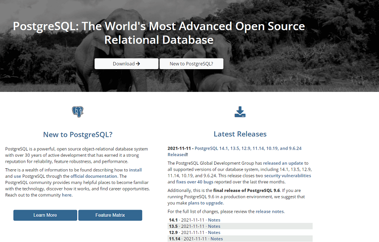 This is a screenshot of the homepage of PostgreSQL database software.
