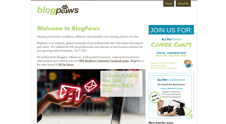 Pet Business Owners Blog, BlogPaws home page with article on 12 emails to add to your email marketing plan.