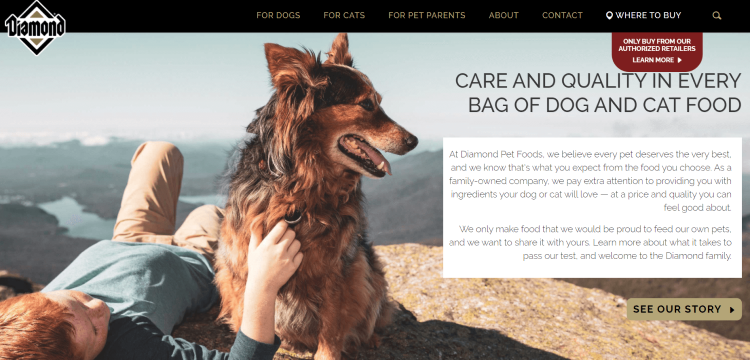 Pet Food Blog, Diamond Pet home page promising care and quality in every bag of dog and cat food.