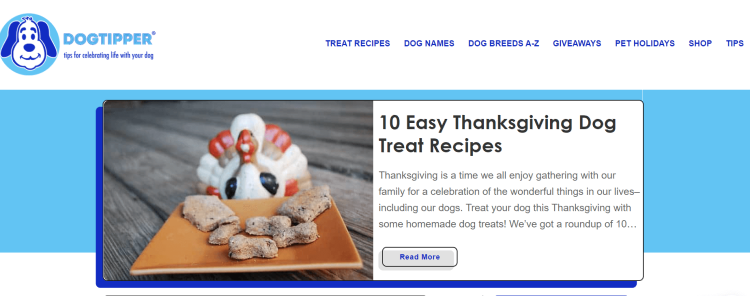 Dog Tips Blog, DogTipper home page with the article about 10 easy thanksgiving dog treat recipes.
