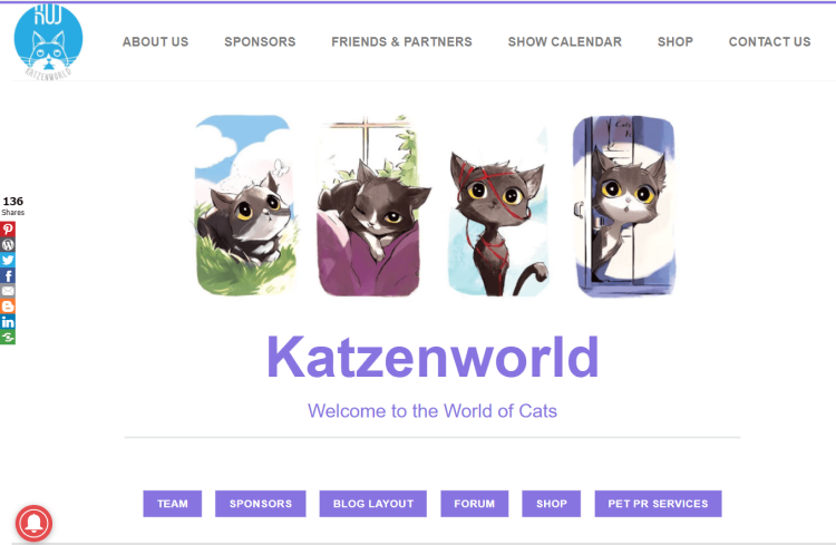 Cat Lovers Blog Katzenworld home page with cats and welcome to the world of cats message.