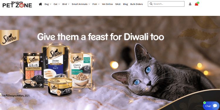 Pet Products Website Marshall's Pet Zone home page with a huge ad of Sheba, food for cats.