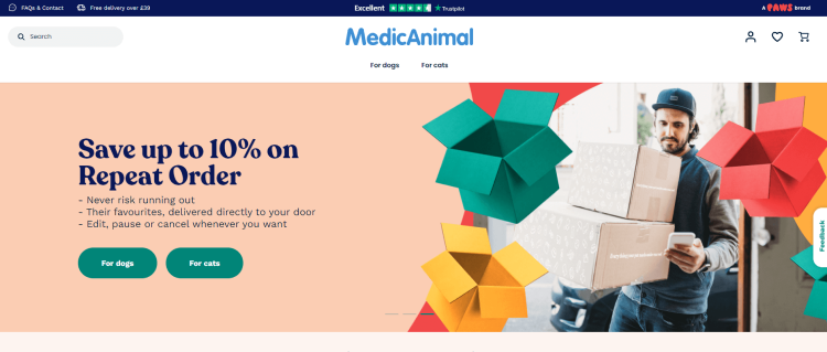 Petcare Blog, MedicAnimal home page with an ad of discount for repeat order.