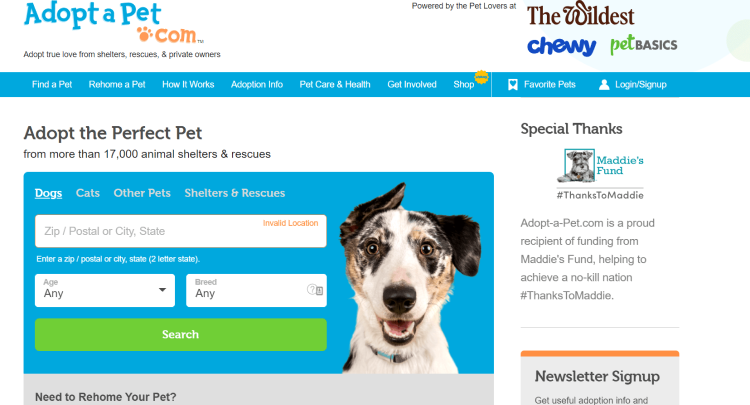 Pet Rehoming Blog Adopt A Pet home page offering a visitor to adopt a pet based on location, age and breed.