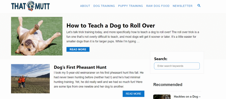 Pet Training Blog, That Mutt home page with articles such as how to teach a dog to roll over.