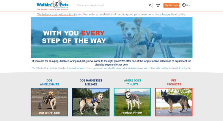 Pet Welfare Blog Walkin’ Pets showcasing dogs with articles on wheelchairs, slings, pet products, etc.