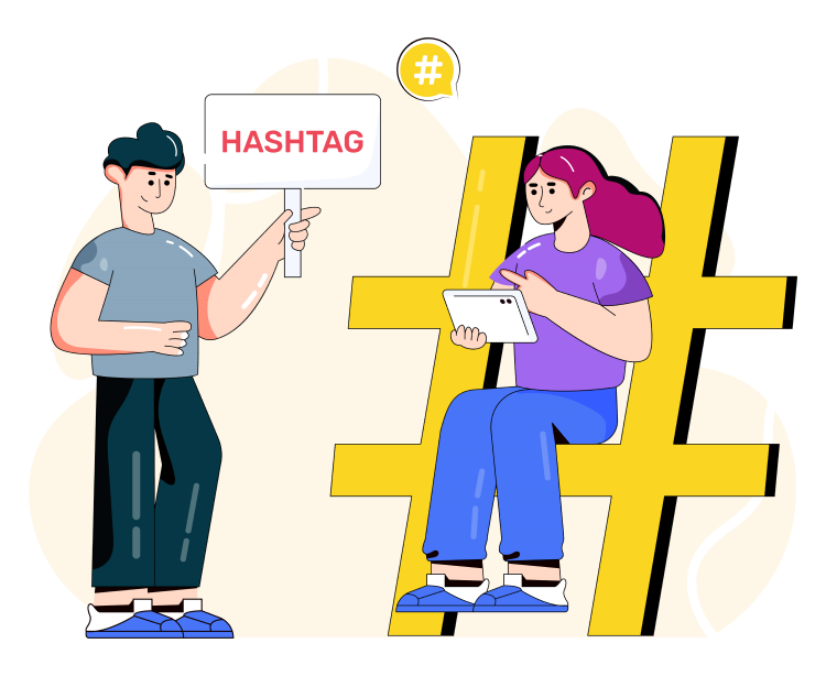 Pinterest Hashtags concept, a girl is sitting on a big hashtag and a boy is holding a sign "hashtag"