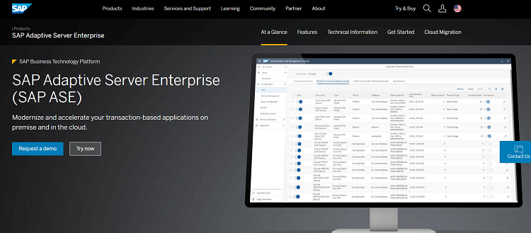 This is a screenshot of the homepage of SAP ASE database software.