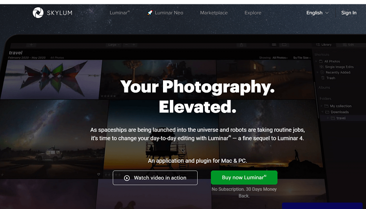 This is the homepage of Skylum Luminar photo management software program.