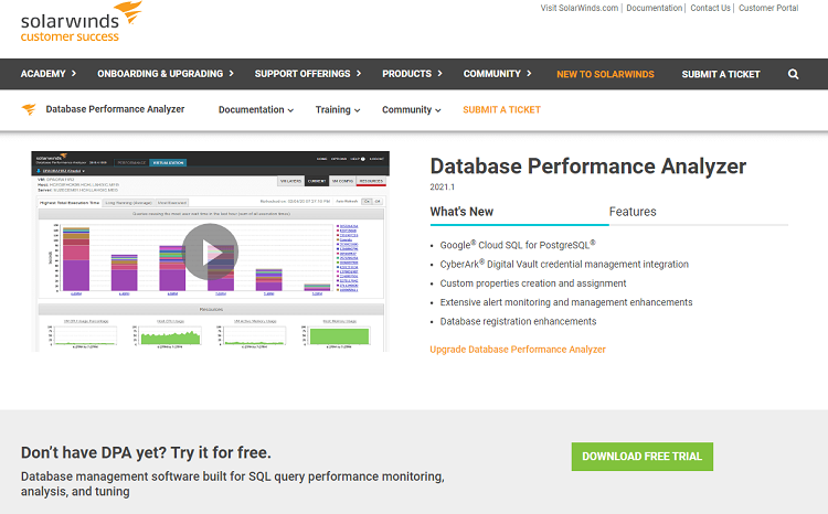 This is a screenshot of the homepage of Solar Winds database software.