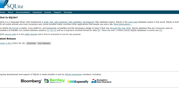 This is a screenshot of the homepage of SQLite database software.