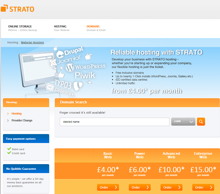This is a screenshot of the homepage of Strato hosting provider