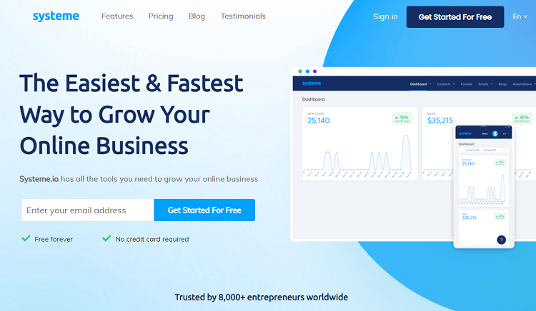 This is a screenshot of the homepage of Systeme.io