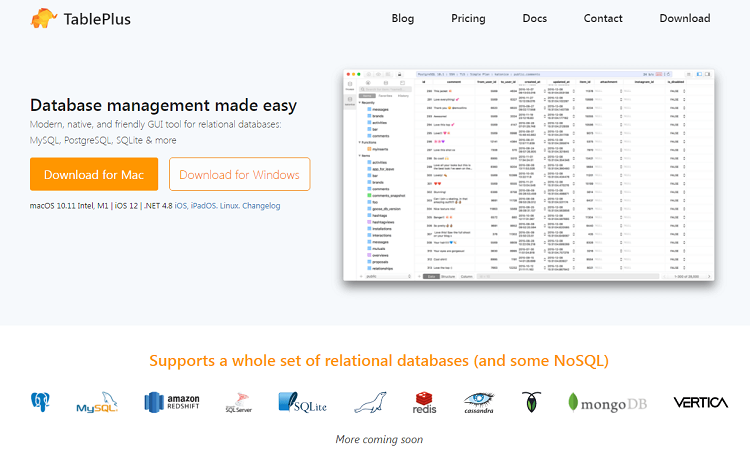 This is a screenshot of the homepage of Table Plus database software.