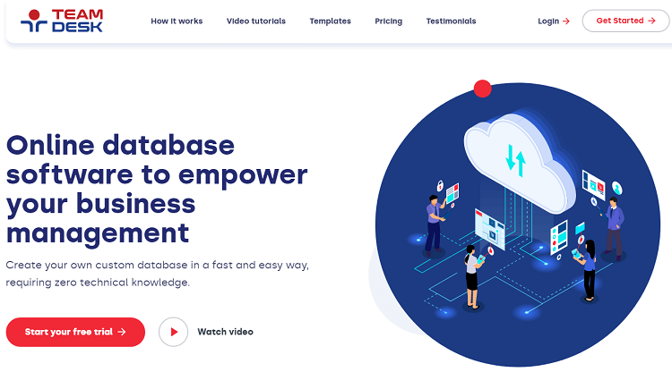 This is a screenshot of the homepage of TeamDesk database software.