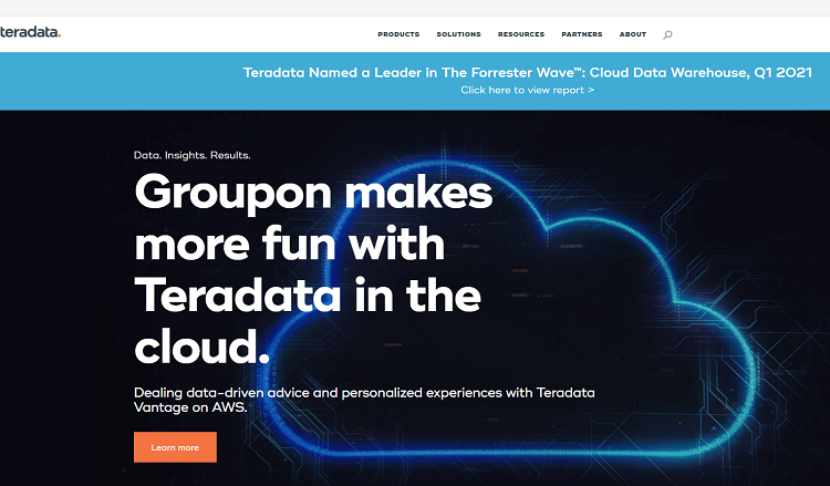 This is a screenshot of the homepage of Teradata database software.