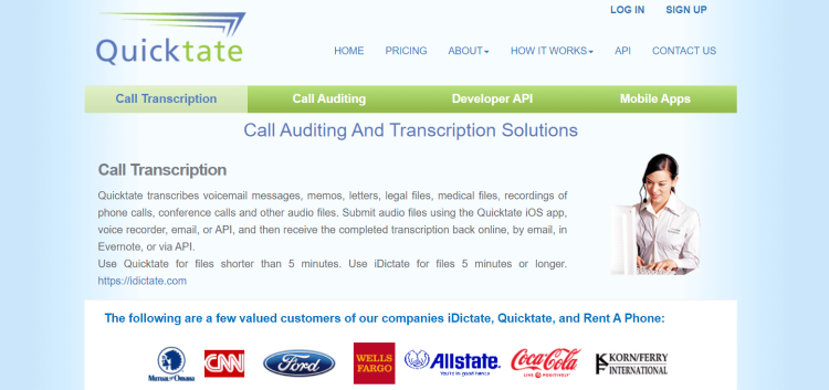 Best Supplemental Transcription Job, Quicktate page offering call auditing and transcription solutions.
