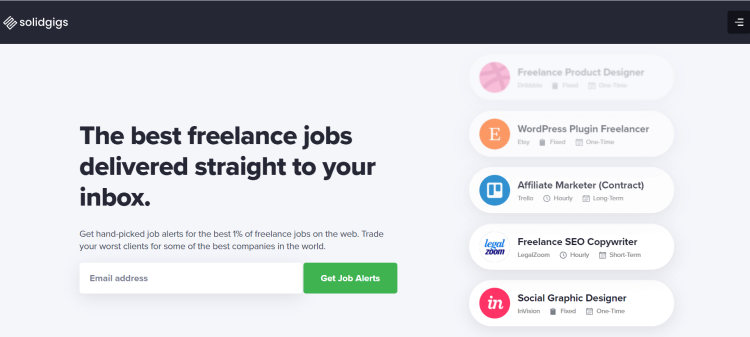 Best Contract Transcription Job, SolidGigs page claiming they provide the best freelance jobs delivered straight to inbox.