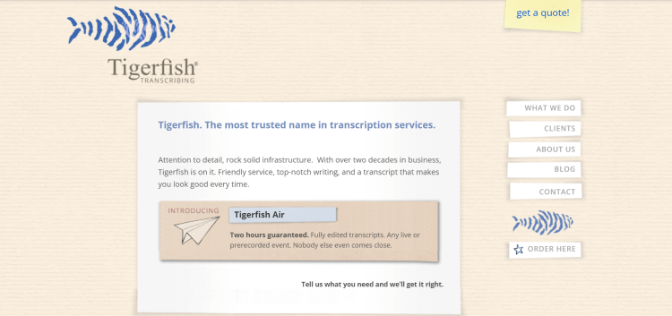 Best Legit Transcription Job, Tigerfish page saying they are the most trusted name in transcription services.