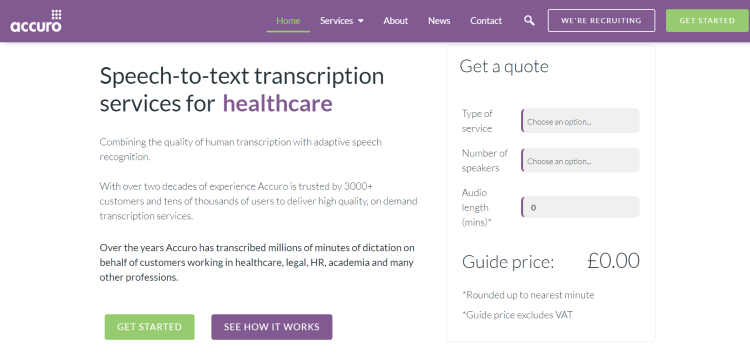  Best U.K. Based Transcriptionist Job, Accuro page offering speech-to-text transcription services for healthcare.
