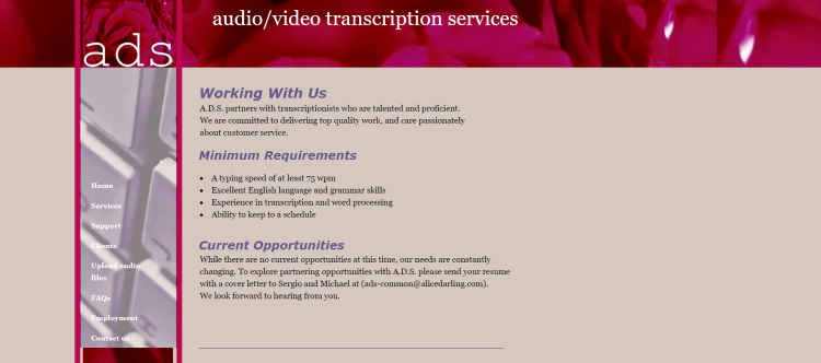 Best Video Transcription Job, Alice Darling page offering audio and vido transcription services.