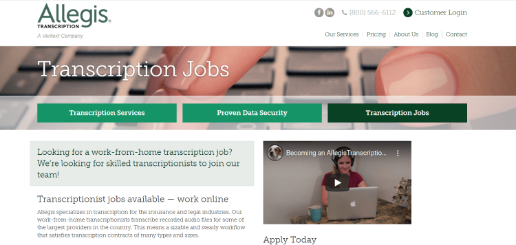Best Insurance Transcriptionist Jobs, Allegis Transcription page offering available transcription jobs.