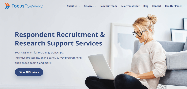 Best Transcription Jobs for Students, Focus Forward page offering respondent recruitment and research support services.