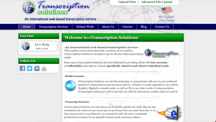 Best Transcription Jobs for Fast Typists, eTranscription Solutions welcoming page saying it is an international web-based transcription service.