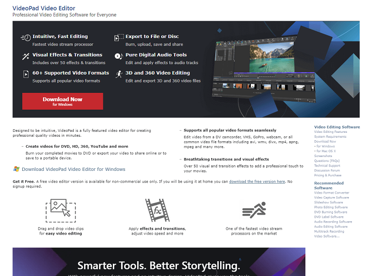 This is the homepage of Video Pad editing software.