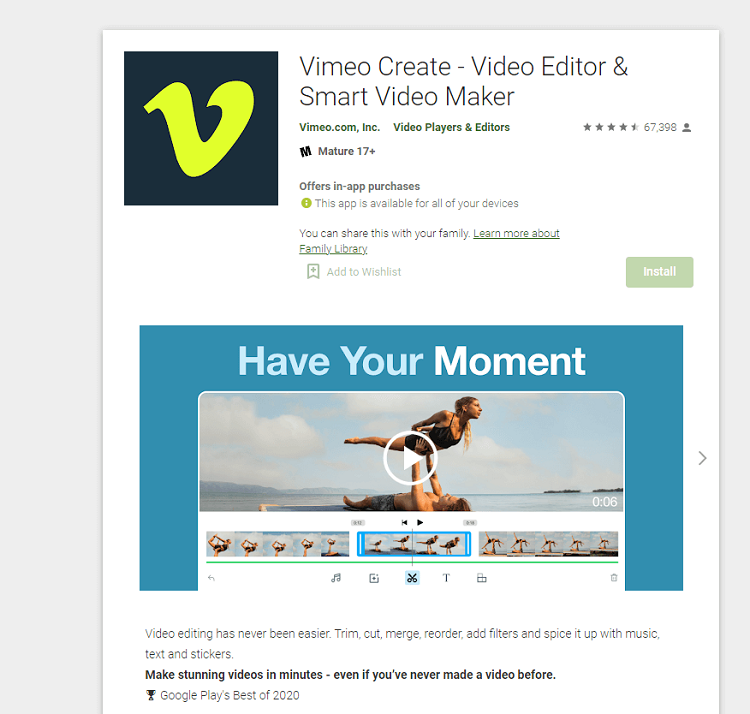 This is the homepage of Vimeo Create video editing software.