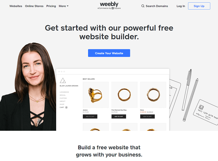 This is a screenshot of the homepage of Weebly ecommerce platform.