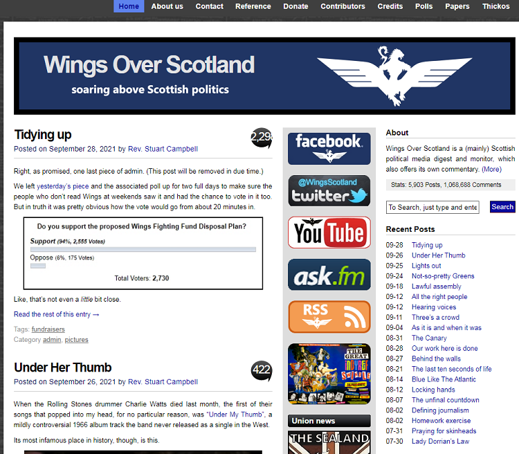 This is screenshot of the homepage of Wings Over SCOTLAND