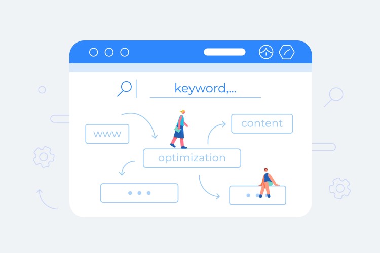 Keywords search as blogging tip concept, search engine with the word "keyword" typed in, female cartoon character walking on the word "optimization" and male cartoon character sitting on the three dots.