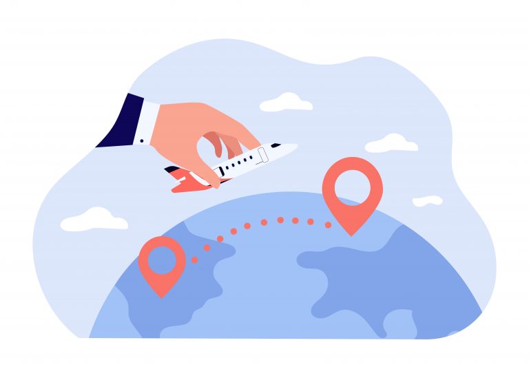 Digital nomad destinations concept, a big hand ho;ding a plane is moving it across the globe.