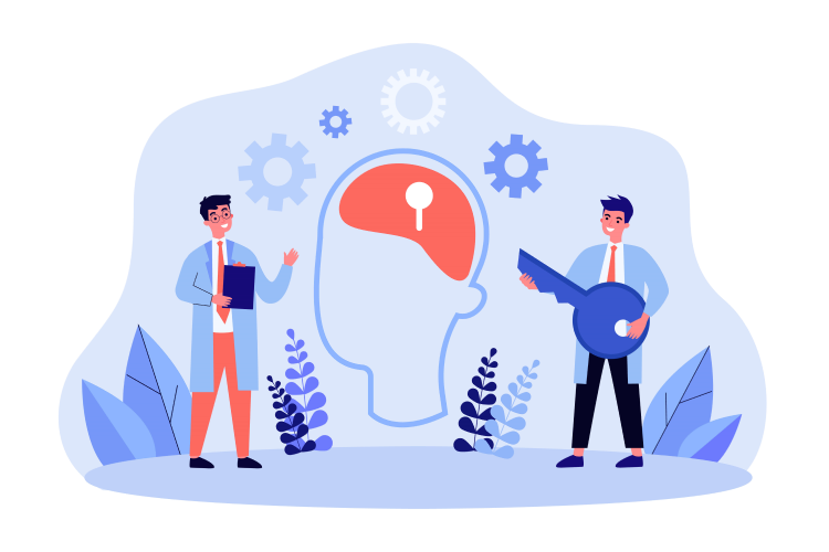 Digital nomad mental health and self care tips concept, a doctor is holding a key standing next to a big symbol of brain.