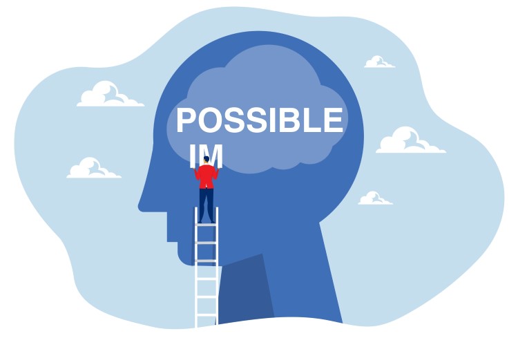 Embracing change concept, a man is holding letters "i m" from the word possible in the human brain.