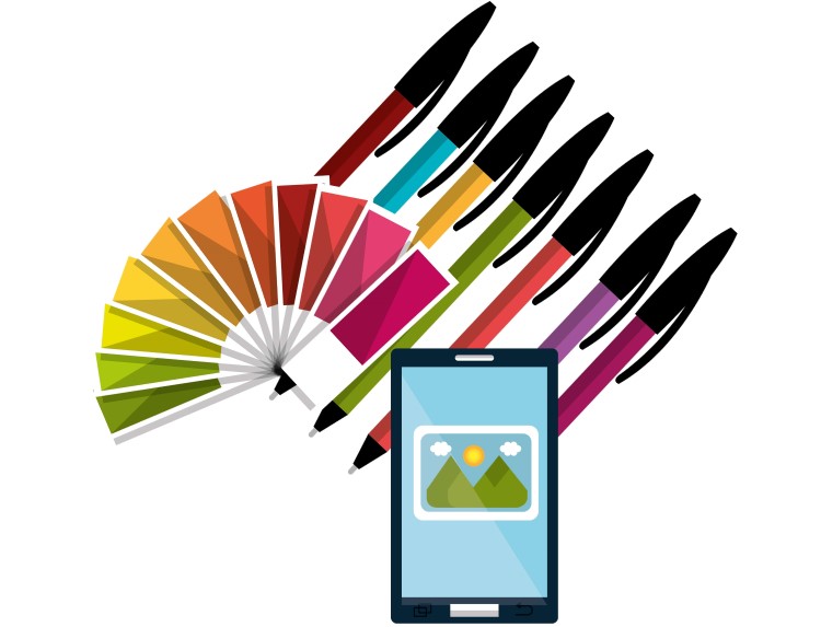 Graphics for Pinterest, phone, color pens and warm color pallete.