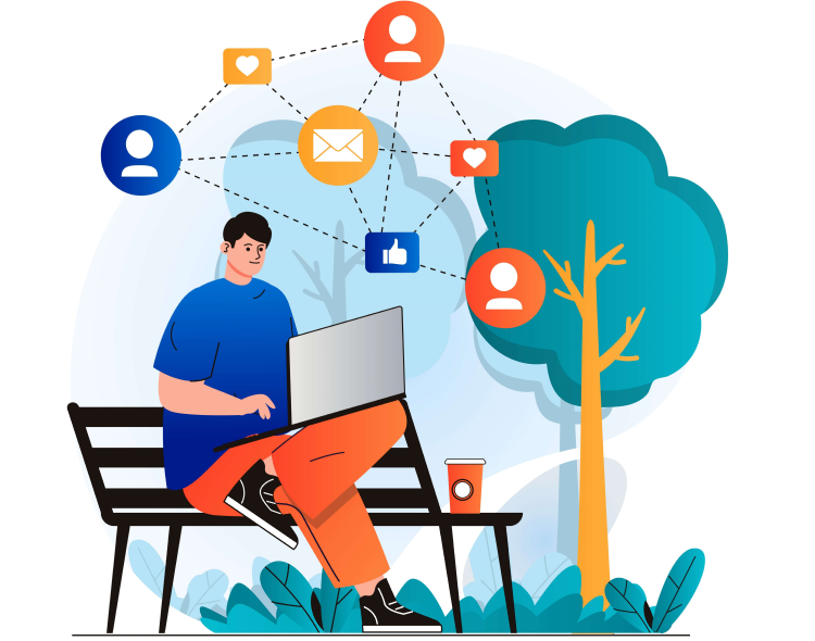 how to become an online entrepreneur, a man is sitting on a bench with coffee and laptop and networking icons.