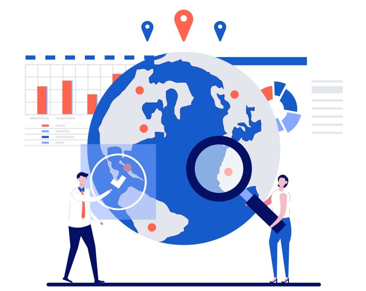 Online business statistics concept, business people with magnified glass investigate virtual business stats from around the world.