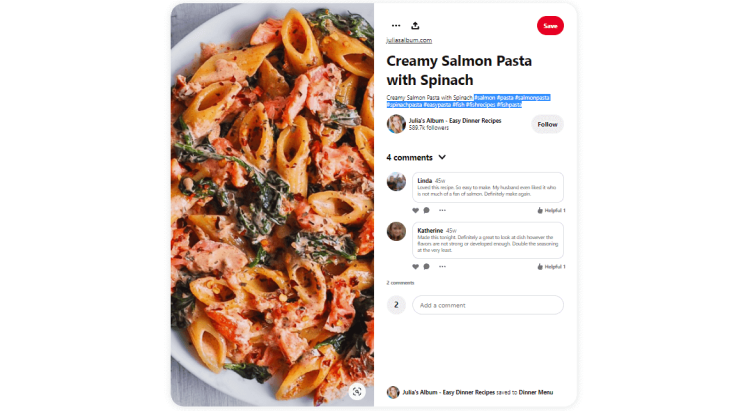 Pinterest hashtags, image of fish recipe Pin with hashtags highlighted at the end of the description section.