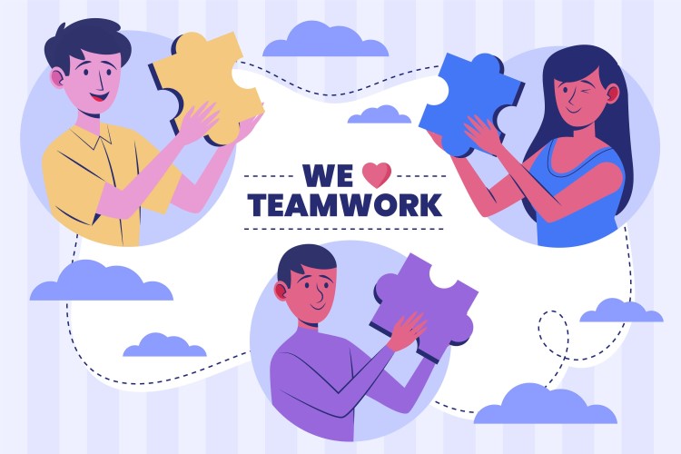 Teamwork quotes, three people hold piece of puzzles around the phrase "we love teamwork."