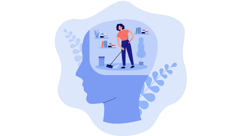 work from home mental health tips, a tiny woman is cleaning in a big head.