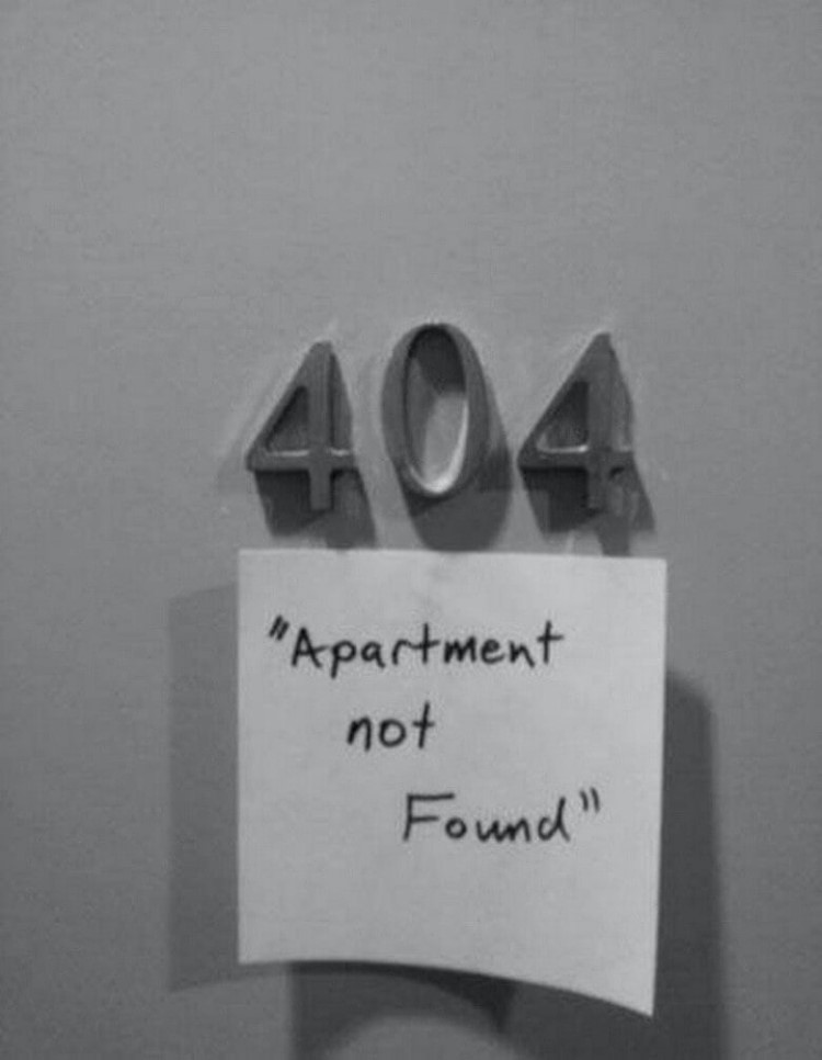 Work from home memes, a door with number 404 and a note "apartment not found".