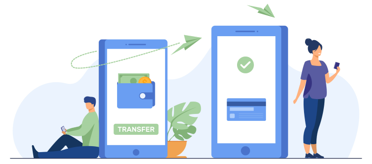 Affiliate Marketing and Online Payment Statistics concept, two smartphones and a transaction.