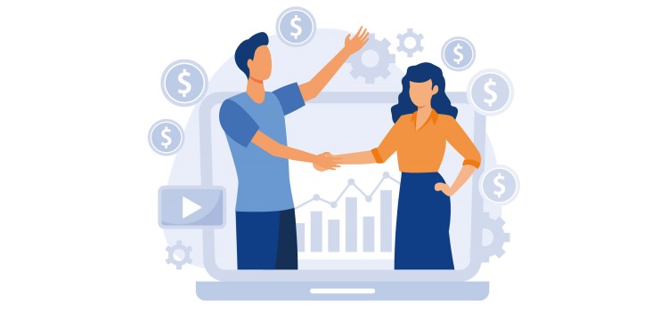 CRM Sales Stats concept, a man and a woman are shaking hands with charts and money icons on the background.