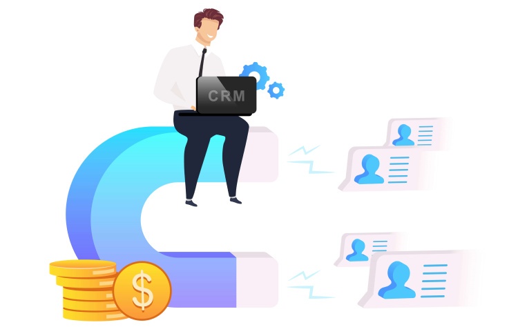 CRM concept, a businessman is sitting on a big magnet in between money and people icons, he is using laptop to create statistics