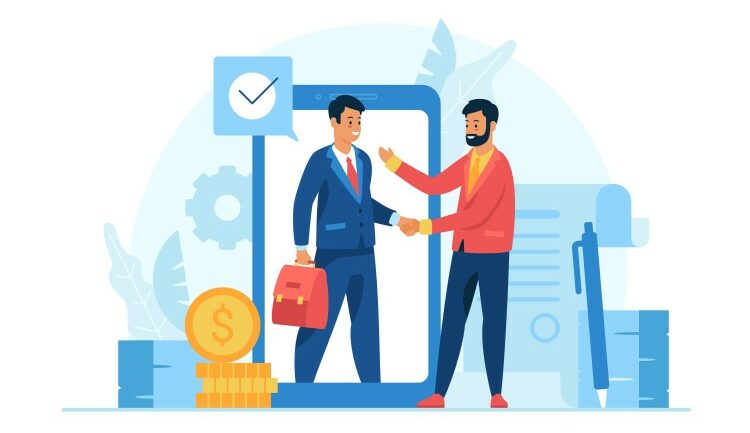 How to Target Business Owners on Facebook guide concept, two businessmen are shaking hands with one of them standing in a smartphone.